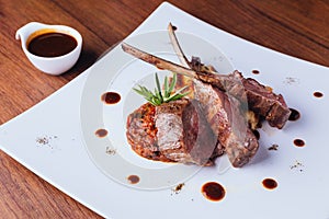 Roasted Australian lamb rack served with ratatouille and country potato