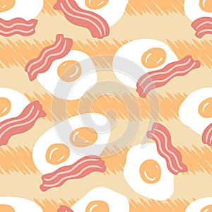 Roasted bacon slices and fried eggs on striped background seamless pattern. Simple design for tee, fabric, stationery. Hand drawn