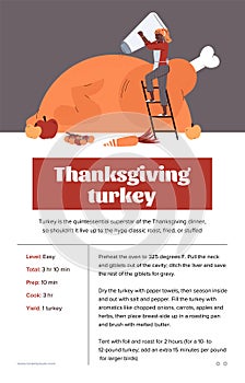 Roasted or baked turkey for thanksgiving dinner a vector poster with recipe.