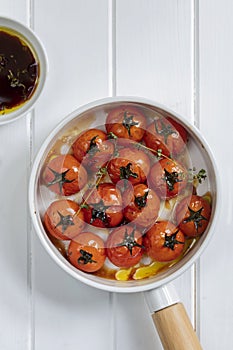 Roasted Balsamic Cherry Tomatoes on White Timber