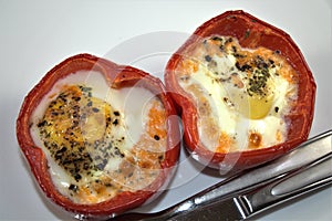 Roasted bell pepper with eggs closeup