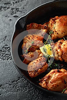 Roasted boneless skinless chicken thighs in lemon and thyme dressing served in vintage cast iron skillet, frying pan