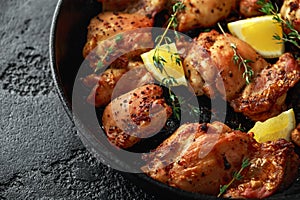 Roasted boneless skinless chicken thighs in lemon and thyme dressing served in vintage cast iron skillet, frying pan photo