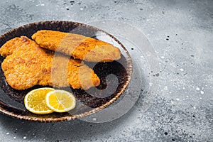 Roasted breaded german weiner schnitzel on a plate. Gray background. Top view. Copy space