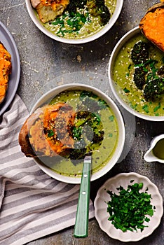 Roasted broccoli soup with melted cheddar croutons.style hugge.selective focus