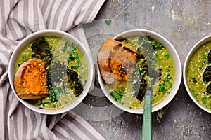 Roasted broccoli soup with melted cheddar croutons.style hugge.selective focus