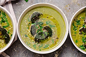 Roasted broccoli soup with melted cheddar croutons.style hugge.selective focus