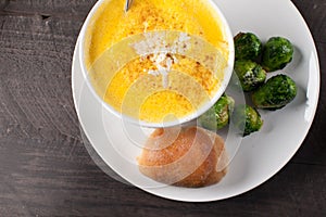 Roasted Butternut Squash Soup with brussels sprouts and roll