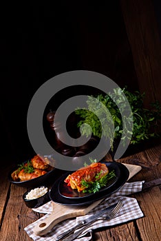 A Roasted cabbage rolls with rice and minced meat according to the recipe of omas