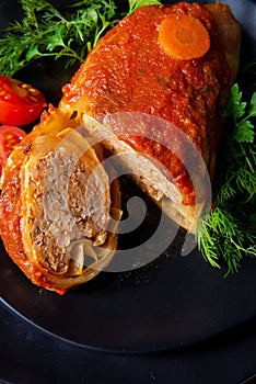 A Roasted cabbage rolls with rice and minced meat according to the recipe of omas