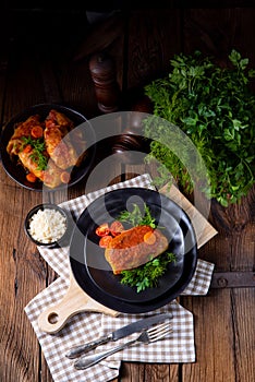 A Roasted cabbage rolls with rice and minced meat according to the recipe of omas