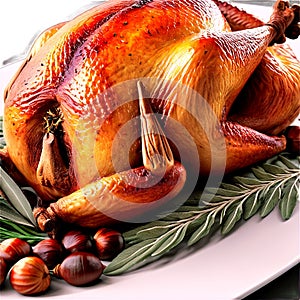 roasted capon, stuffed with chestnuts and garnished with fresh sage, capture