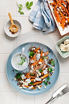 Roasted Carrot Lentil Salad with Feta, Yogurt and Dill.