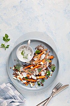 Roasted Carrot Lentil Salad with Feta, Yogurt and Dill.