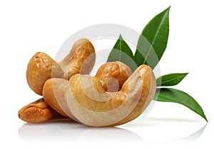 Roasted cashew nuts with green leaves