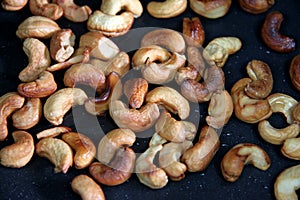 Roasted cashews in the pan.
