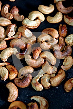 Roasted cashews in the pan.