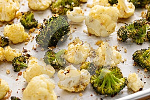 Roasted cauliflower and broccoli on a sheet pan, healthy vegetable side dish