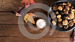 Roasted chestnuts in cast iron pan