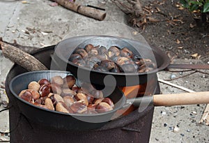 Roasted chestnuts. Chestnuts roasting in the flames of a fire