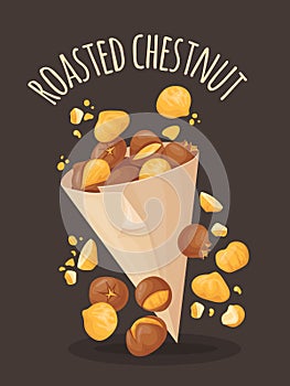 Roasted chestnuts. Roast cartoon chestnut in paper bag, grilled nuts in nature shell street organic food on europe