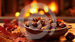 Roasted chestnuts in a rustic bowl over a cozy fall fire, the perfect seasonal snack