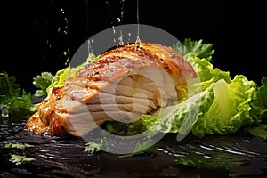 Roasted chicken breast with lettuce and sauce on a black background. perfectly cooked juicy chicken breast undermines the photo