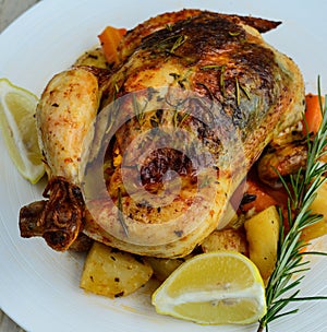 Roasted chicken with carrots,potatoes, tomatoes with dash of lime