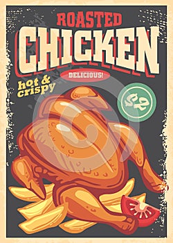 Roasted chicken flyer design in retro style made for restaurants. photo