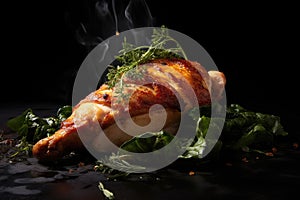 roasted chicken with herbs and spices on a black background in a restaurant, perfectly cooked juicy chicken breast undermine the photo