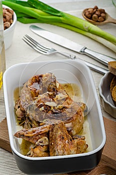 Roasted chicken parts with bio garlic, herb-garlic toast