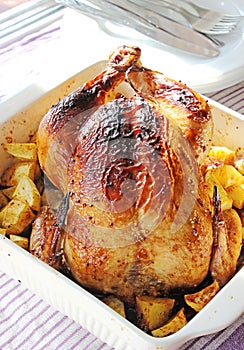 Roasted chicken with potatoes in white ceramic bowl