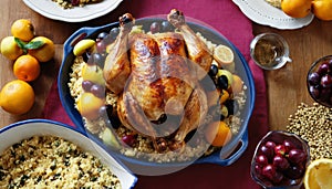 A roasted chicken is surrounded by various fruits and vegetables
