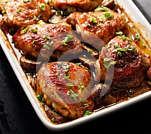 Roasted chicken thighs with mushrooms, garlic and herbs in a baking dish on a black background