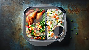 Roasted chicken thighs paired with white rice and mixed vegetables make for a nutritious meal in a black container