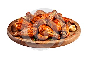 Roasted chicken wings on wooden plate