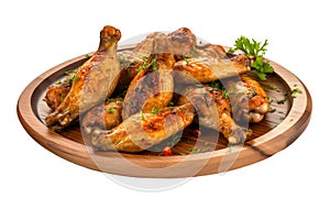 Roasted chicken wings on wooden plate