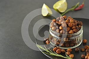 Roasted chickpeas. Crunchy, air fried delicious healthy food. Vegetarian food or lose weight snack