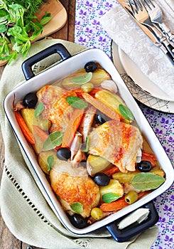 Roasted chiken legs with vegetables and olives