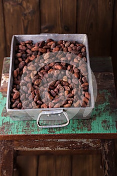 Roasted cocoa chocolate beans in Vintage heavy cast aluminum roa