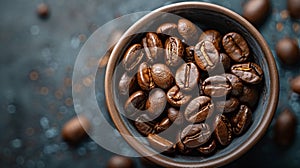 Roasted cofee beans close-up, top view, nobody