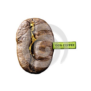 Roasted coffee bean with green label.