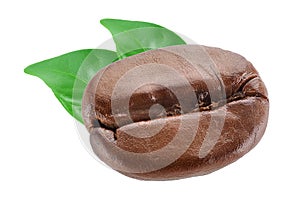 Roasted coffee bean with leaf isolated on white background macro.