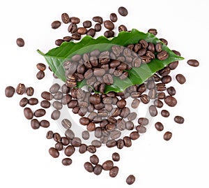 Roasted coffee bean with leave on white background