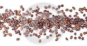 Roasted coffee bean path or border on white background, close-up