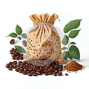 Roasted coffee beans around a burlap sack. Sackcloth bag with coffee beans and coffee leaves on white background