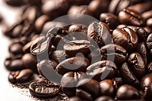 Roasted coffee beans backgroud ultra closeup macro.
