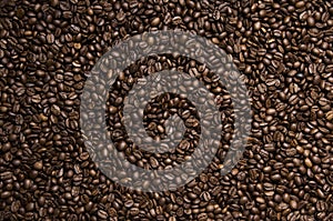 Roasted coffee beans background - full frame detail. e