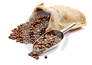Roasted coffee beans in bag isolated on white background