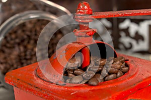 Roasted coffee beans being grinded in traditional style